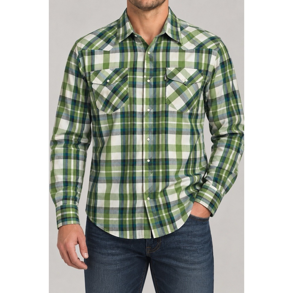 Levis Mens Plaid Pearl Snap Collared Button Up Long Sleeve Shirt Sz M Green Blue
